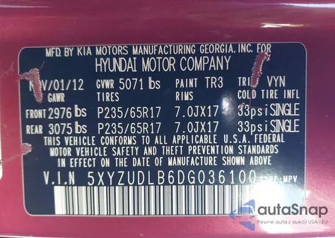 2013 Hyundai Santa Fe Sport z USA, uszkodzony, nr VIN 5XYZUDLB6DG036100